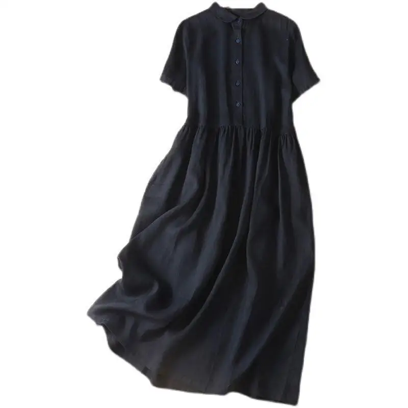 Chic Cotton Linen Dress Women 2025 Summer Short Sleeve Solid Dress O-Neck Vintage Casual Sundress Holiday Travel Vestido