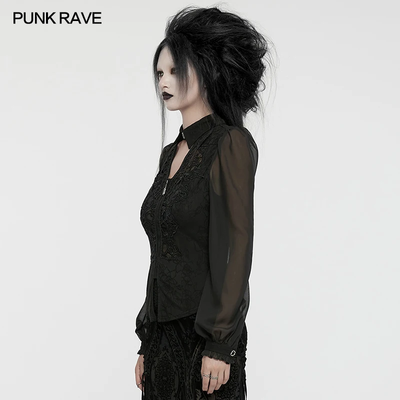 PUNK RAVE Women's Gothic Dark Floral Hollow Out Chiffon Shirt Noble Palace Style Adjustable Drawstring Back Waist Tops WY1635