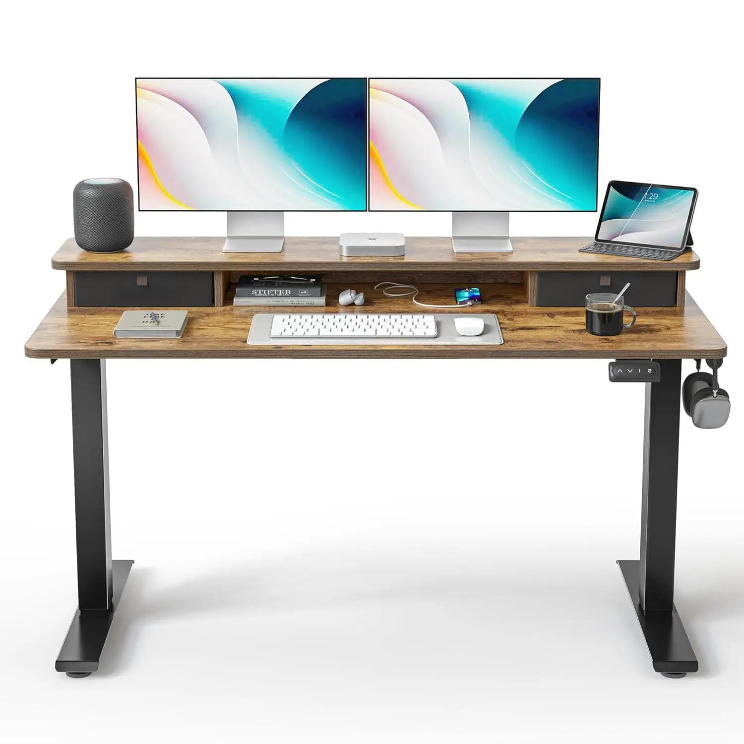

55x24in Height Adjustable Electric Standing Desk with Double Drawer & Storage Shelf, Rustic Brown, Customized