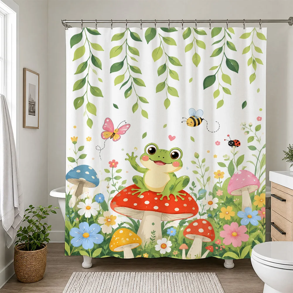 Cute Woodland Fairy Garden Shower Curtain with Frog Mushrooms and Floral Greenery Bathroom Decor