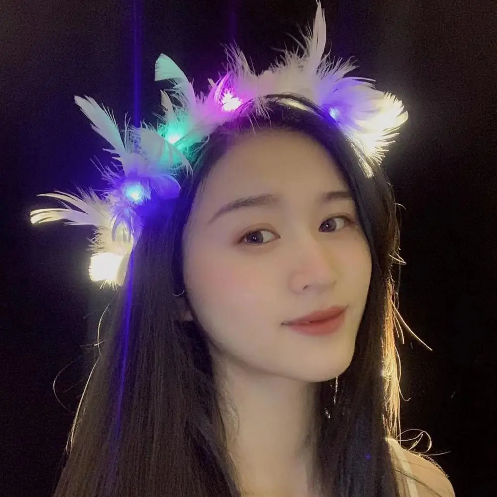 LED Hair Head Band Headwear Well-matched Delicate Plush Fairy Feather Hair Piece for Party Wedding Gifts Photography