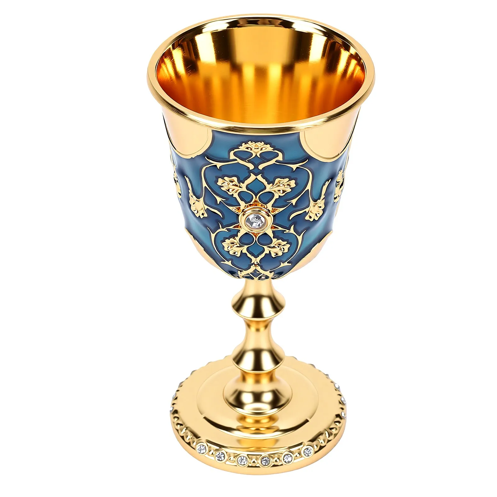 Vintage Medieval Goblet Blue Enamel Gold Plated Rhinestone Wine Cup Decorative Chalice for Party Home Bar Table Decor