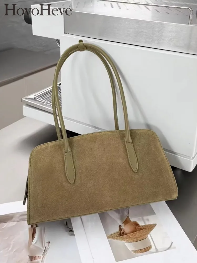 Fashion Designer Office Lady Versatile Suede Zipper Elegant Genuine Leather Retro Ladies Casual Underarm Handbag Single Shoulder