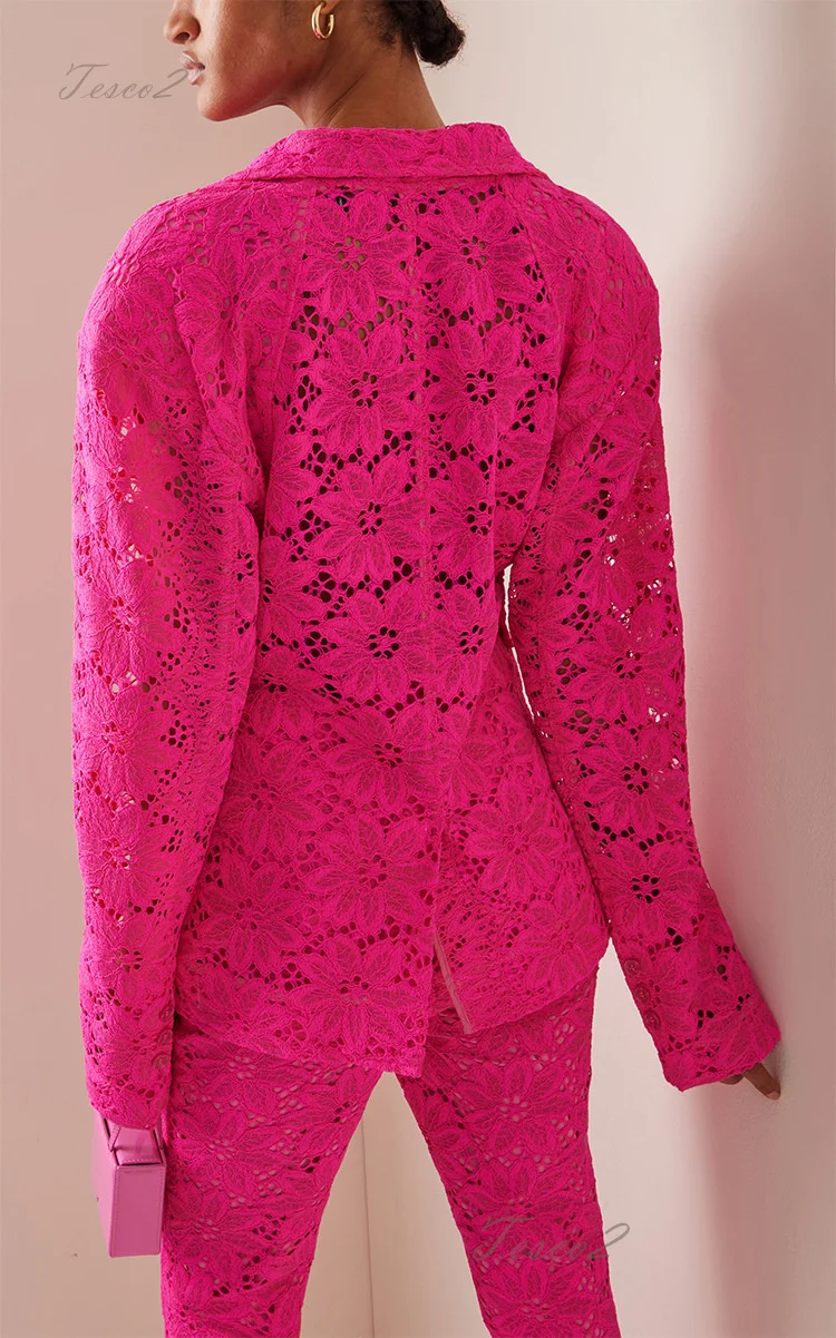 Tesco Spring Lace Flower Blazer And Pencil Pants For Women 2 Piece Elegant Slim Fuchsia White Suit Female Party Pant Sets