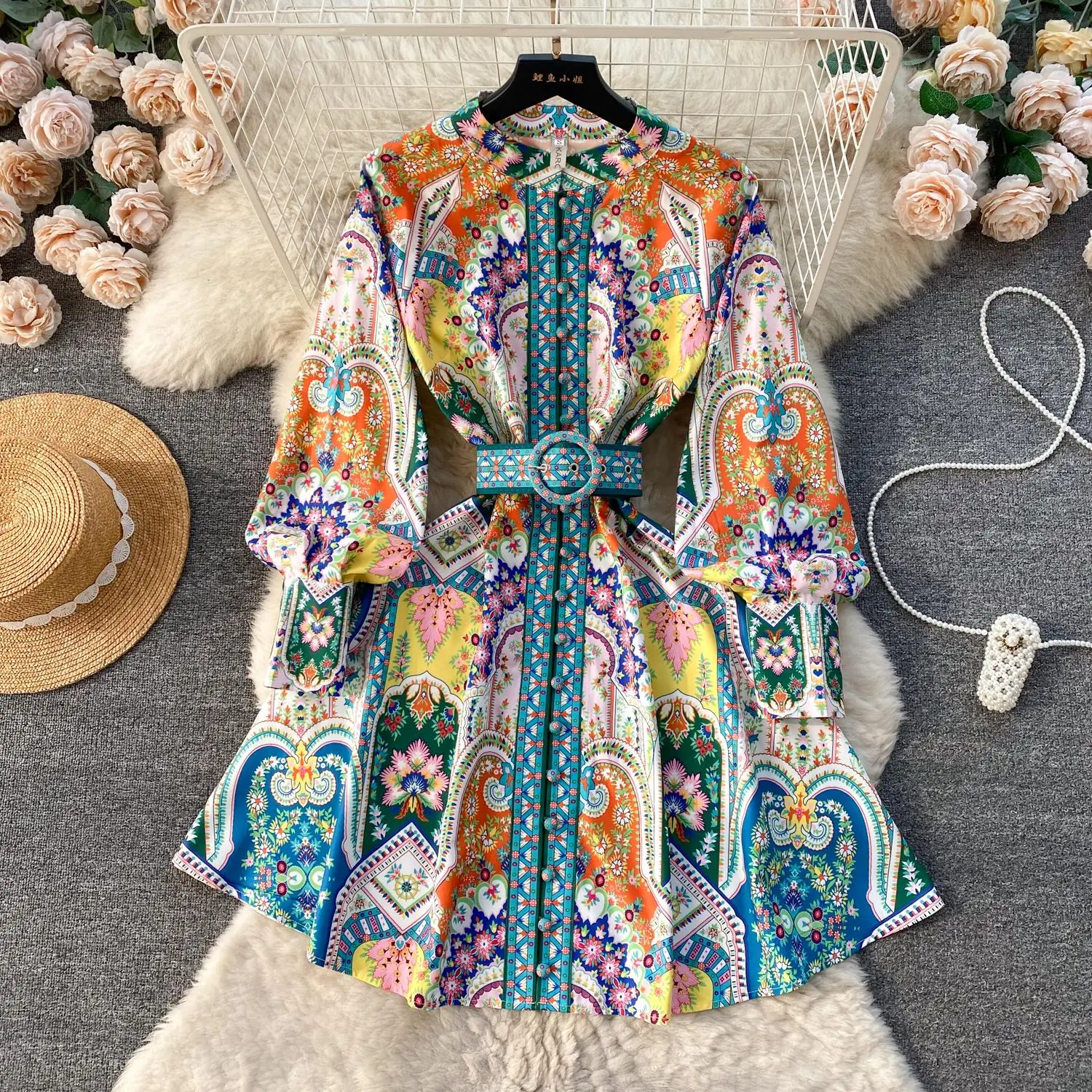 

2024 Fashion Paisley Flower Print Short Dress Women's Stand Single Breasted Long Lantern Sleeve Belt Vintage Mini Vestidos 6377