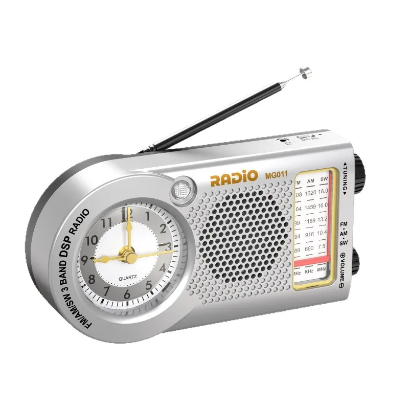 Multi-band Radio FM/AM/SW Handheld Mini Portable Clock Rechargeable Radio with Pointer Display and 5W Output for The Elderly