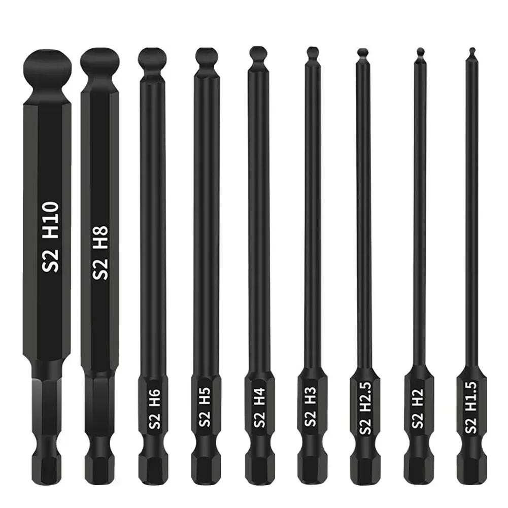 9 Stück 1,5 mm-10 mm Sechskant-Schraubendreher-Bit-Set, 100 mm Länge, 1/4 Zoll Schaft, lange Kugelkopf-Kugel, magnetischer