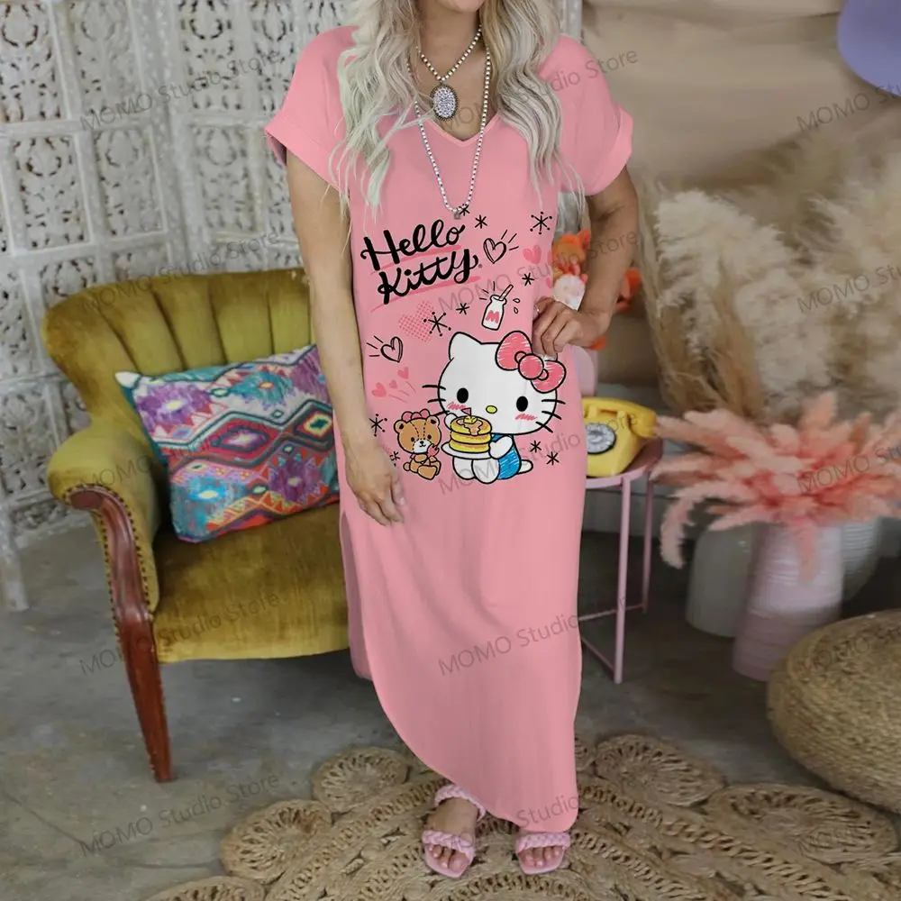 Hello Kitty Long Dresses V-neck Robe Summer Woman Dress Kawaii Lovely Streetwear S-2XL Cheap Clothes Elegant Gowns 2024 Fashion