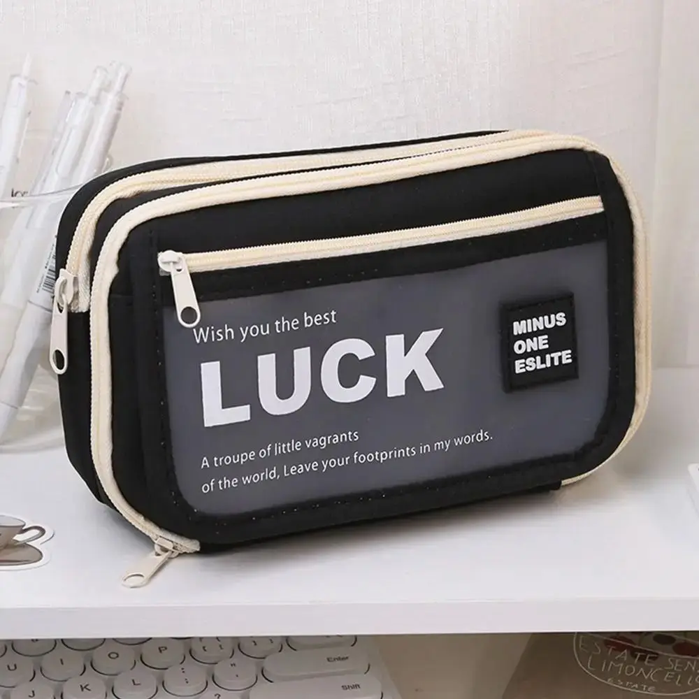 Large Capacity Translucent Pencil Case Matte Texture Flip Front Pocket Translucent Pen Bag Multifunctional Lucky Stationery Box