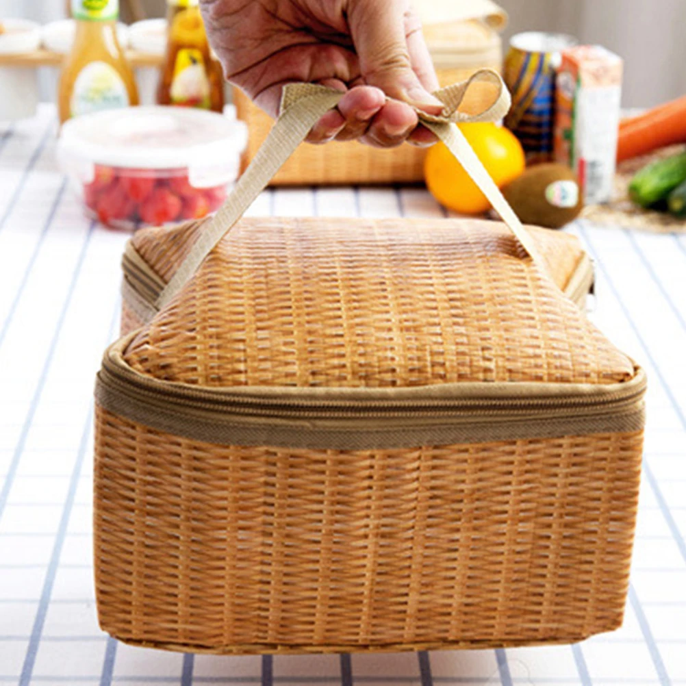 

Insulated Bento Bag Woven Cooler Lunch Tote Rattan Design Large Capacity Waterproof Picnic Outdoor Thermal Box Storage