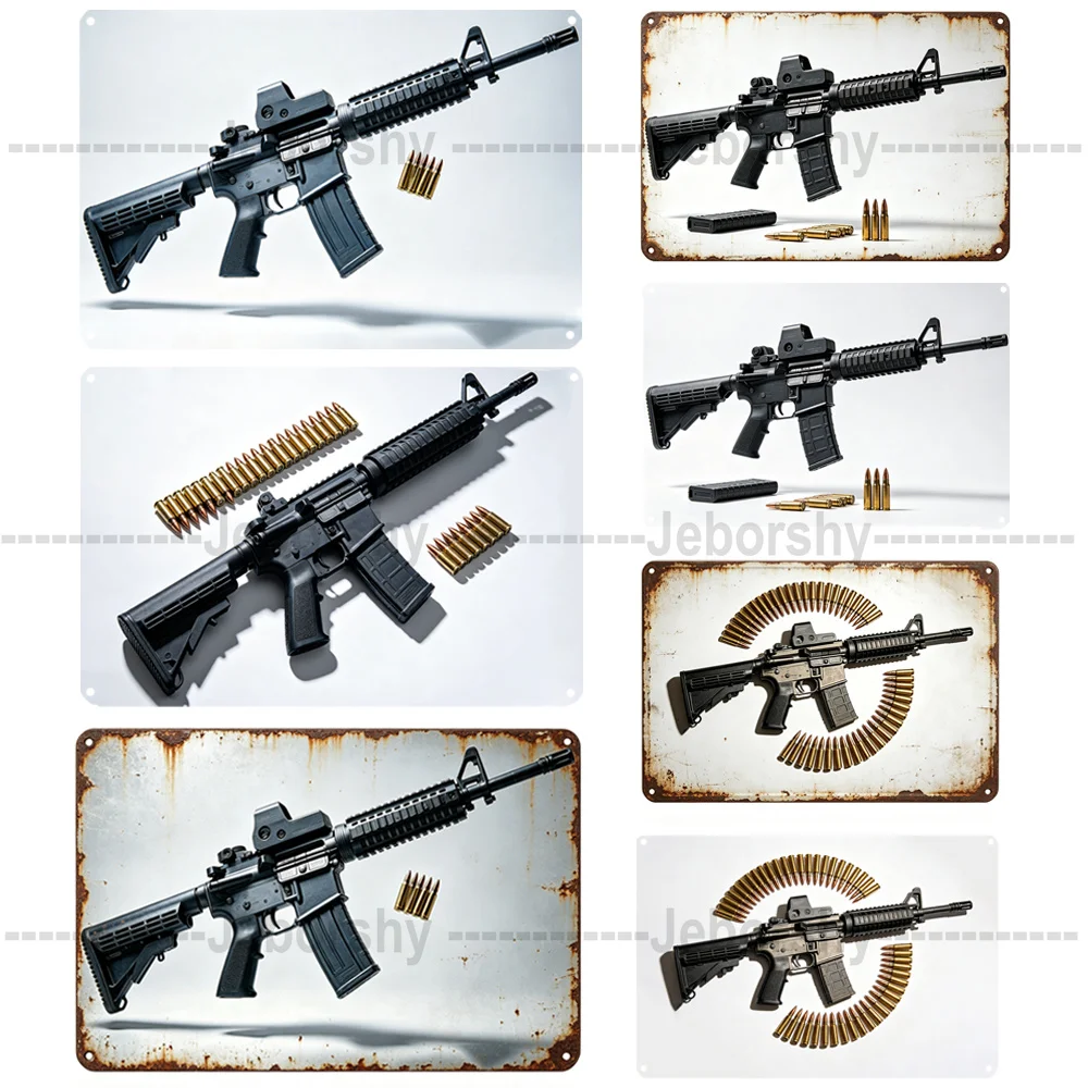 Classic AR-Rifle Metal Sign,Vintage Aluminum Wall Decor,Retro Gun & Bullets Metal Plaque
