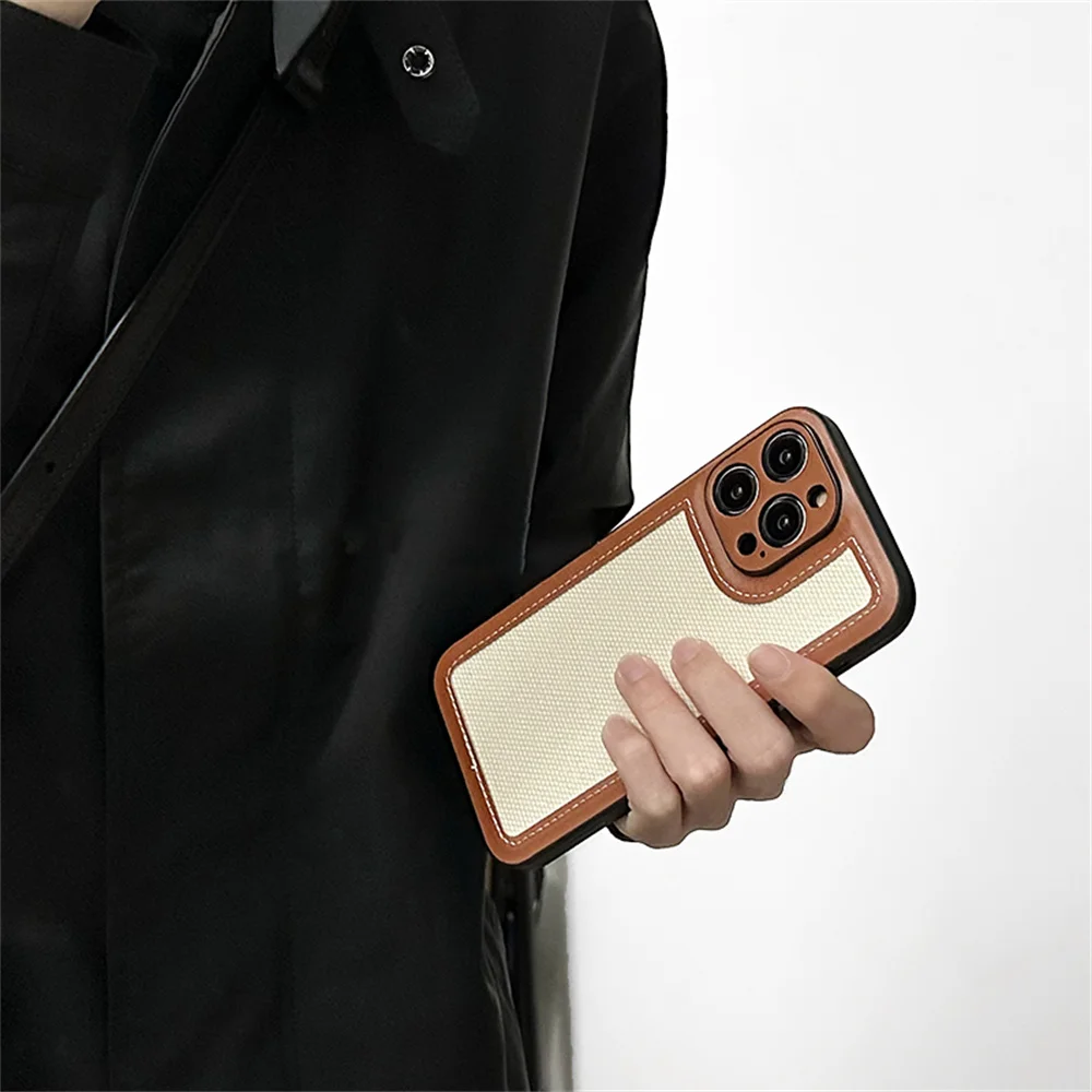 Stylish Retro Fabric Leather Soft Phone Case For iPhone 14 11 12 13 15 Pro Max X XR XS MAX 7 8 PLUS Protective Back Cover Funda