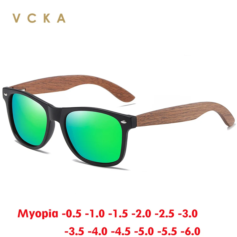 VCKA Environment-Friendly Retro Black Walnut Wood UV400 Polarized Bamboo Myopia Sunglasses Men's Fashion Glasses -0.50 to -10