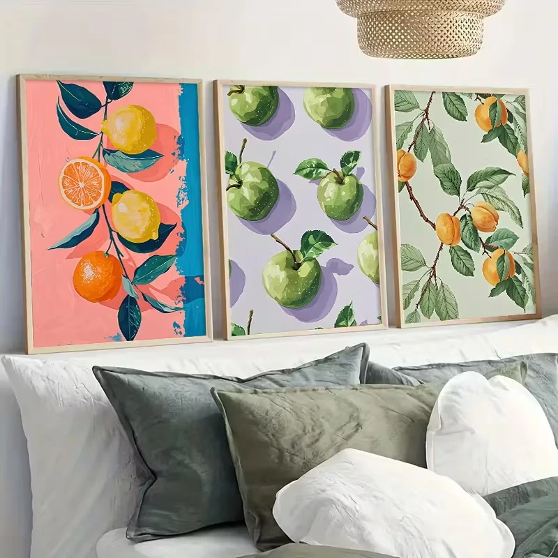 3pcs frameless Canvas Painting 3pcs Fruit-themed Canvas Wall Painting: Citrus Fruits with Leaves, Green Apples. Kitchen, Dining