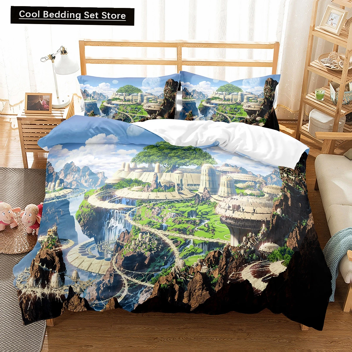 

Cartoon Fantasy World King Queen Duvet Cover Magic Castle Bedding Set Mythical Landscape Quilt Cover Polyester Comforter Cover