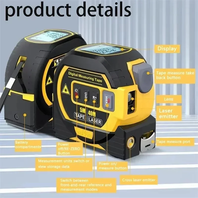 3 in 1 레이저 거리 계량기 거리계, 고정밀 LCD 백라이트 거리계 스틸 줄자, 40m, 60m