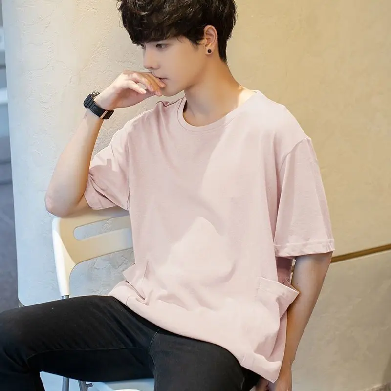 Fashion Casual Pullovers Man Solid Color Loose T-Shirts Straight Round Neck Handsome Short Sleeve Spring Summer Men\'s Clothing