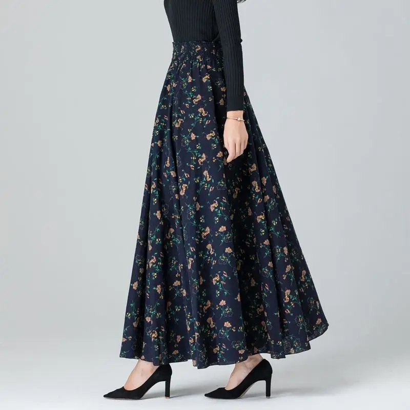 2023 Spring Summer Half-length Skirt High Waist Literature Retro National Style Medium Length A-line Skirt Korean Women Clothes