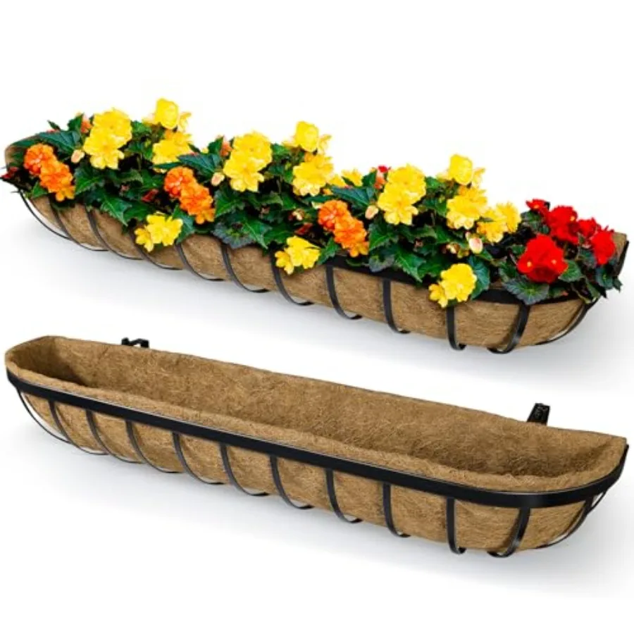 

Pack Window Deck Railing Planter Boxes with Coconut Liner, Large Hanging Window Flower Boxes Metal Railing Planter for Balcony