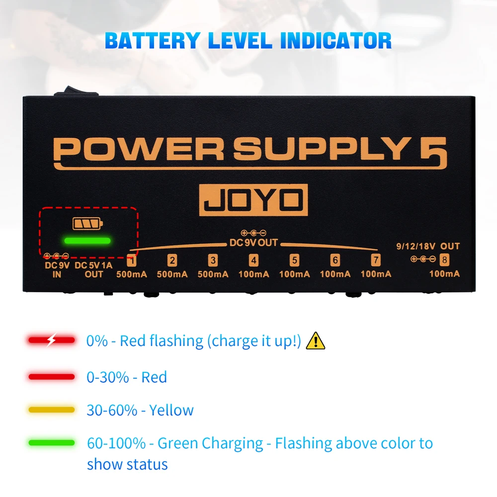 JOYO JP-05 Alimentatore per pedale effetti per chitarra Batteria ricaricabile da 4400 mAh 8 uscite CC isolate 9 V 12 V 18 V Alimentazione effetti