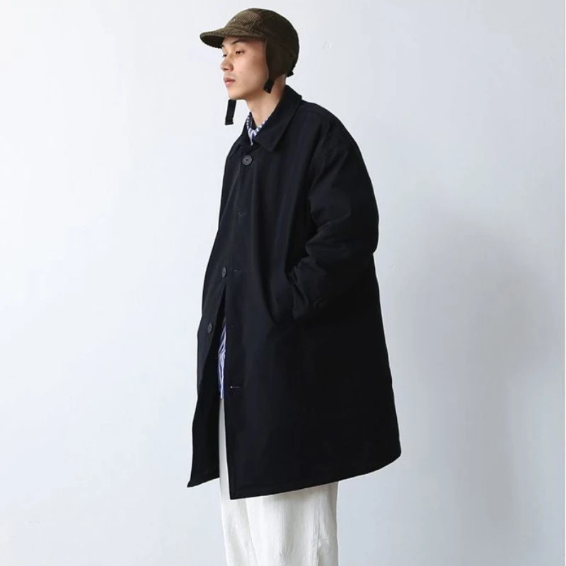 Japanese Retro Solid Mid-length Windbreaker Coat Spring Simple Casual High Street Loose Overcoat Men Tops Male Clothes