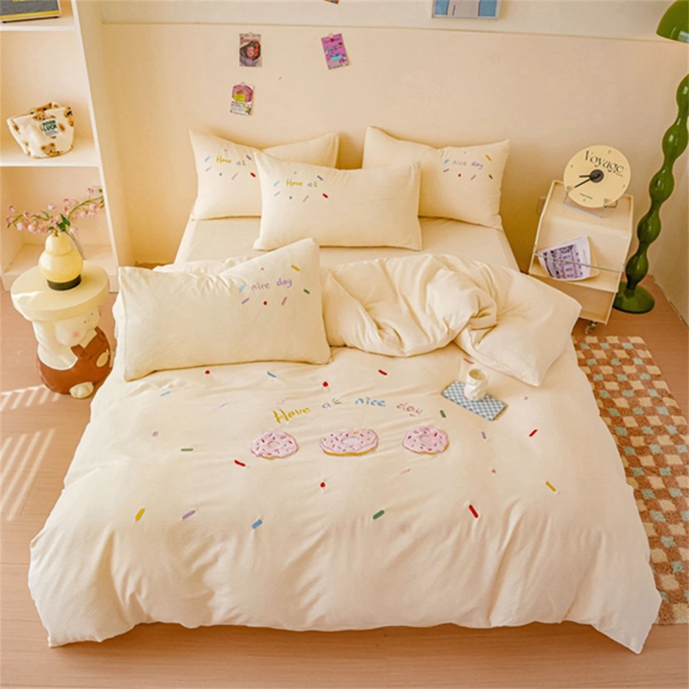 Pink Bedding Sets Solid Color Washed Cotton Home Girls Bedroom Decor Duvet Cover Pillowcase Bedspread Embroidery Four Piece Set