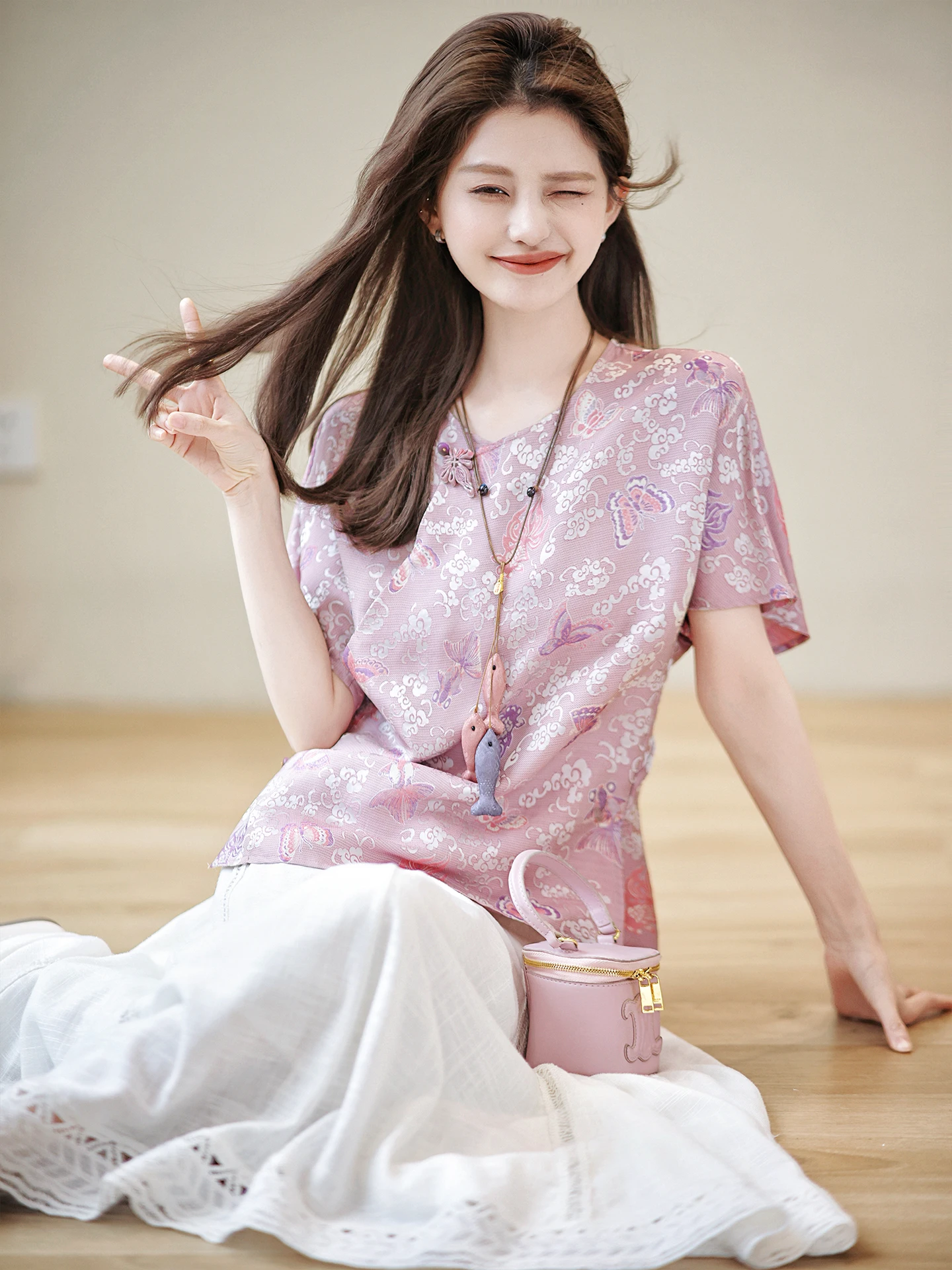 

ZhaodaXi Silk Flower Brocade Small irt round Ne Side Slit Design Simple Commute Sle ort Sve Women's Top