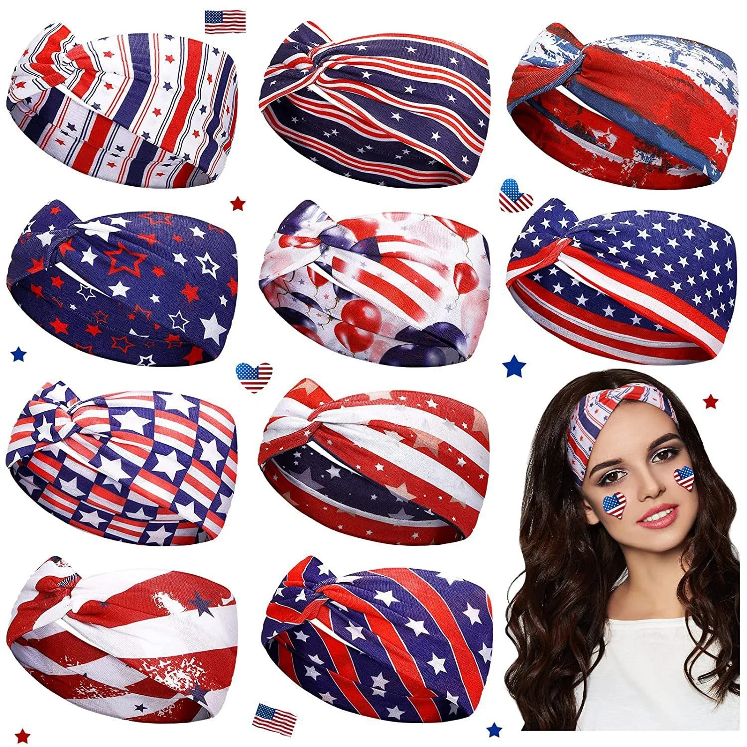 USA Independence Day Flag Star Elements Retro Knot Absorbent Sweat Yoga Running Sports Hair Ties Headbands