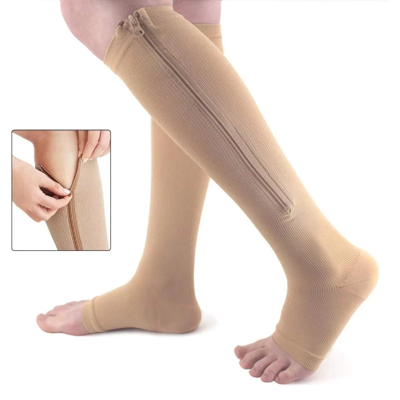 Women Compression Socks Sports Pressure Long Cycling Zipper Professional Leg Support Thick Socks 20-30mmhg Khaki Black M/L/XXL