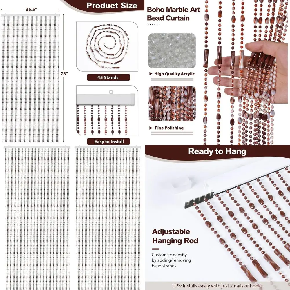 

Caramel Marble Beaded Curtain, 35.5x78, Boho Style Room Divider for Doorway or Window Decor