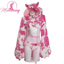 Mobbunny Damen Sexy Dessous Paw Cosplay Kostüm Kuhmuster Plüsch BH und Höschen Nachtwäsche mit kurzem Kapuzenpullover und Strümpfen