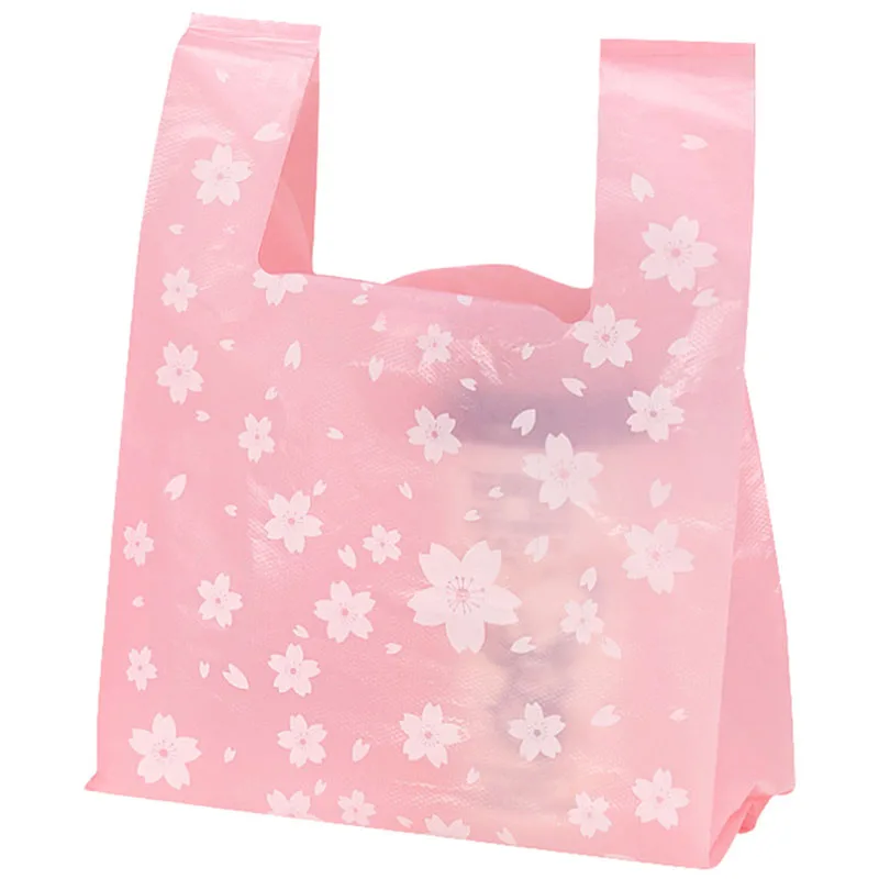 50pcs Cherry Blossoms Plastic Gift Bags For Packaging Pink Vest Shopping Storage Bag Cake Baking Food Container Wrapping Pouches