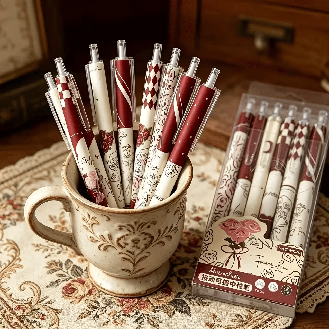 12/24 Pieces in Random Styles, Red Rose Retractable Ballpoint Pen with Blue Ink, Exquisite and High-Looking Design, Essential for Office, Study Stationery, School Supplies, Exam Pens, Reward Stationery, Birthday Gifts and Holiday Gifts, Halloween and Christmas Gifts