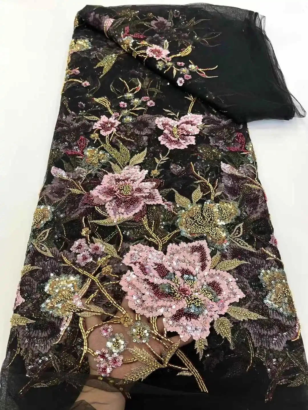 

Fashion French Mesh Embroidery Beaded Lace Fabric 2025 Sequins Fabric African Nigerian Lace Fabric Wedding Dresses Party Women