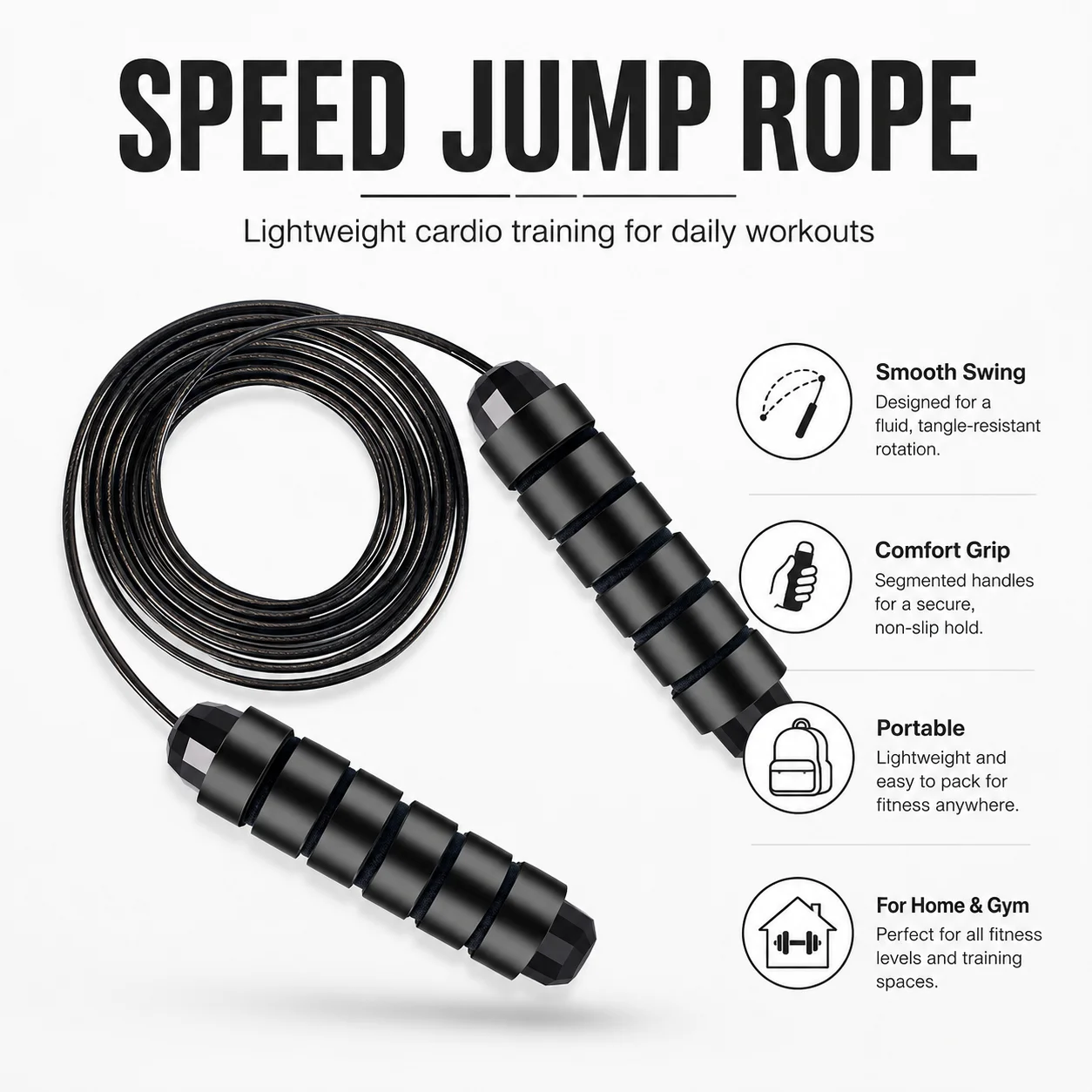 Speed Jump Rope with Comfortable Non-Slip Handles, Lightweight Skipping Rope for Cardio, Fitness, Home Gym, Workout and Training