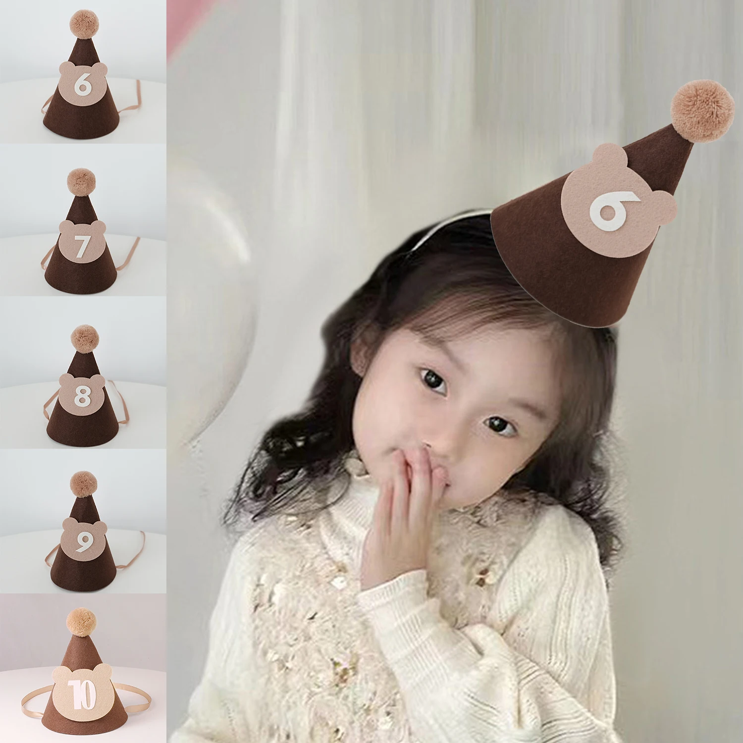 

Number 6-10 Birthday Hat Baby Boy Girl Brown Coffe Bear Felt Headband Birthday Baby Shower Party Decor Caps Hats Kids Photo Prop