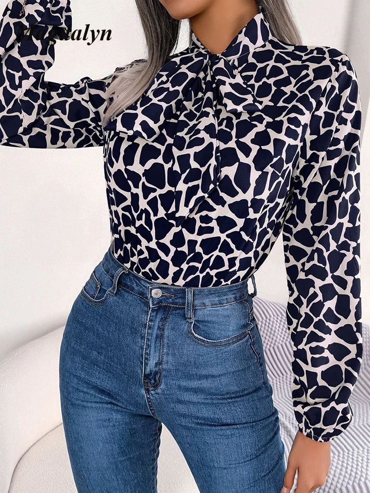 Magdalyn Fashion Women Print Blouse Geometric Pattern Long Sleeves Female Korean Bow Casual Shirt Office Lady Streetwear Tops