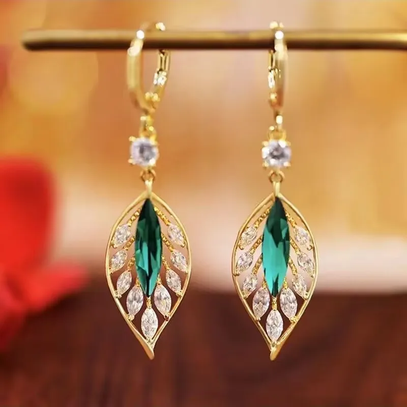 925 Silver Needle Korean Fashion Green Zircon Leaf Drop Earrings For Women Jewelry 2025 Trending New Luxury Women's Earrings