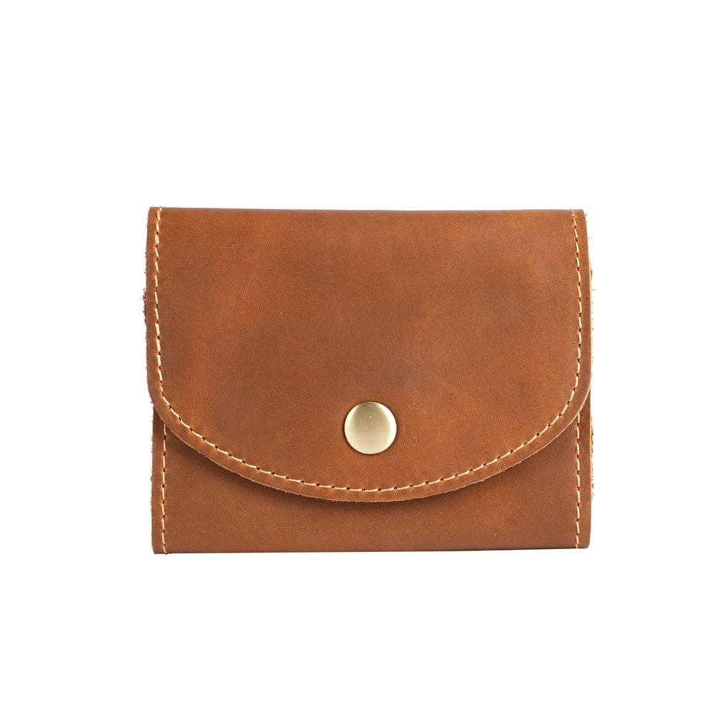 Retro top layer cowhide men's short card bag, student Japanese-style simple buckle wallet, loose change card bag