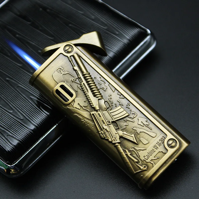

Windproof Jet Flame Lighter with Leather Cover Refillable Butane Cigarette Torch Embossed Gun Edge for Outdoor Use Fire Starter