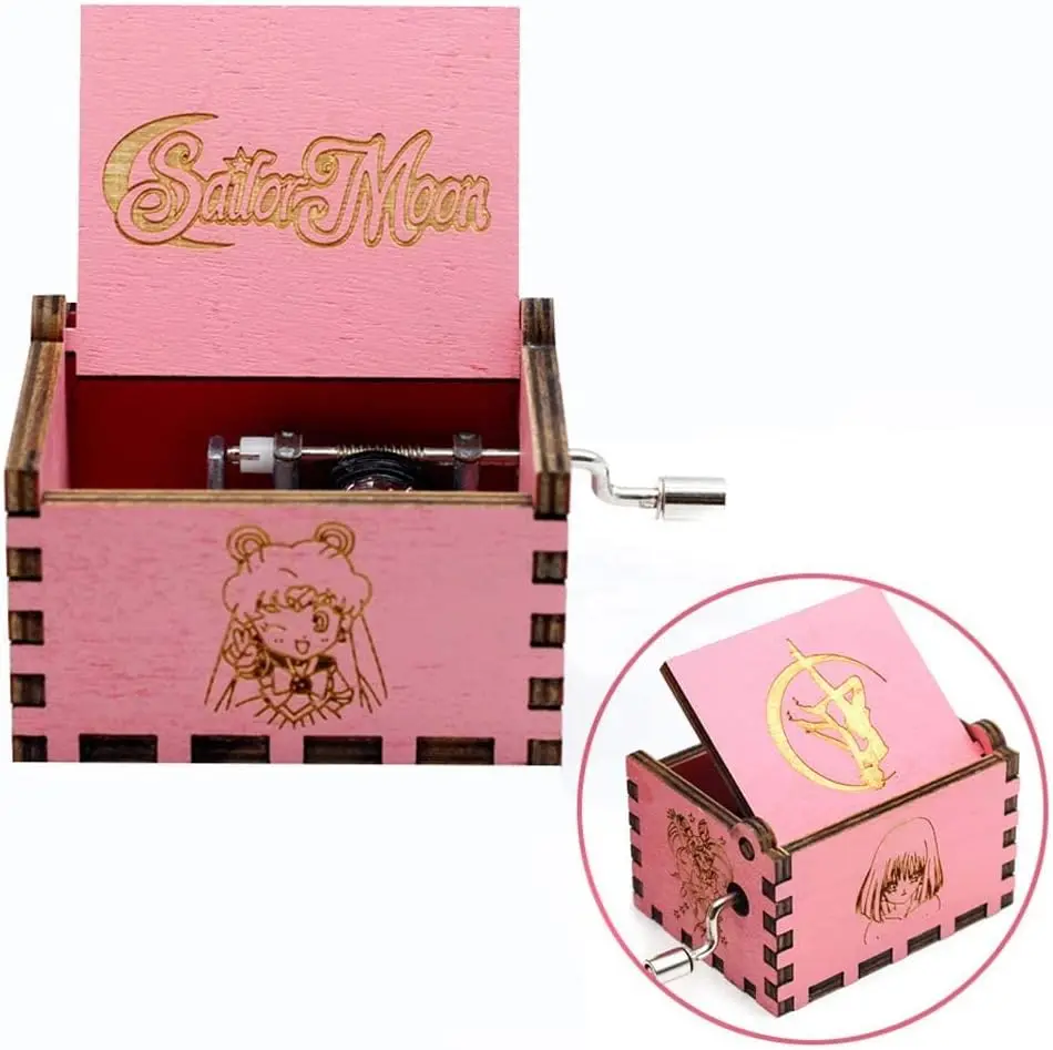 Wood Hand Crank Music Box Mom Dad Daughter Son - Sailor Moon Black Wood Color White Square 6.4×5.2×4.2cm 1 Music Box -