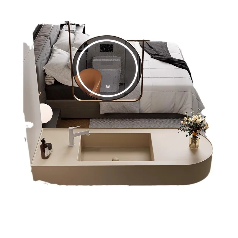 

Простой ветровой коричневый DuPont Corian, встроенная раковина, подвесная дуга, угловой встроенный шкаф для ванной комнаты, комбинация