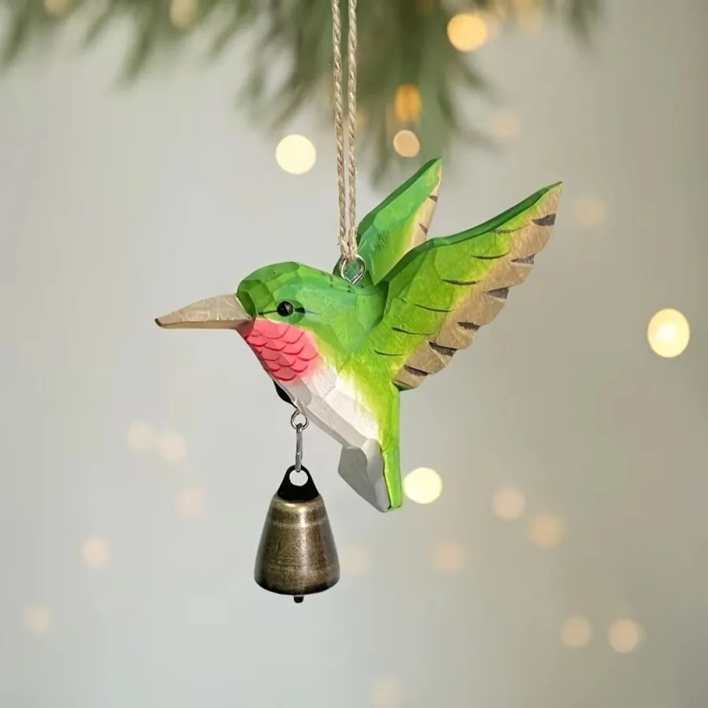 Hand-Carved Hummingbird Figurine Wooden with Bell Flying Bird Sculpture Wood Grain with Soothing Sound Wind Chime Pendant
