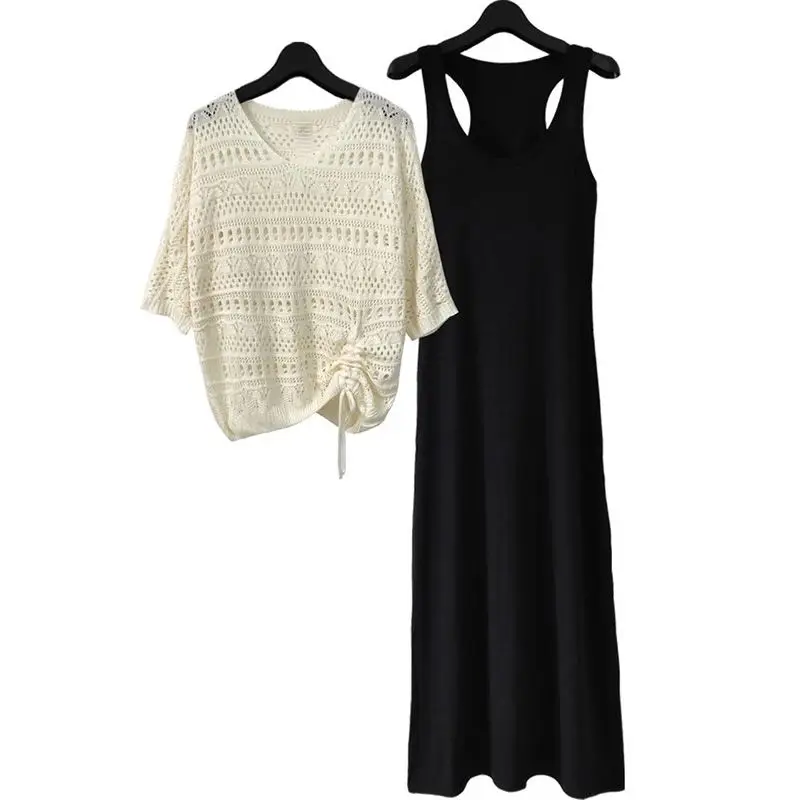 Hook Flower Hollow V-Neck Knitted Short Sleeve Pullover Sweater Loose Black Modal Sleeveless Vest Dress Sets Two Piece Set 2024