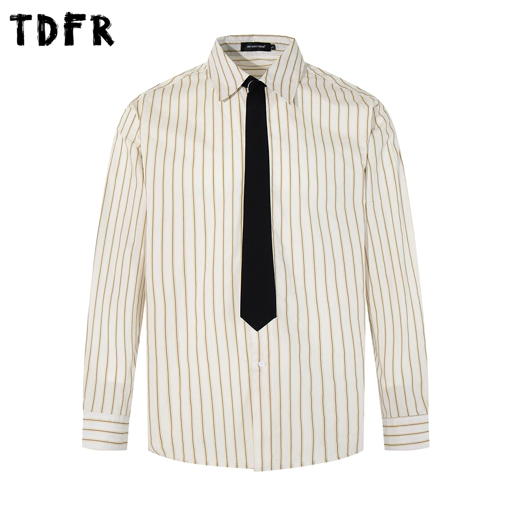 

Striped Long Sleeve Shirts Mens with Tie Autumn Retro Casual Loose Single Breasted Curved Hem Cotton Shirts Man