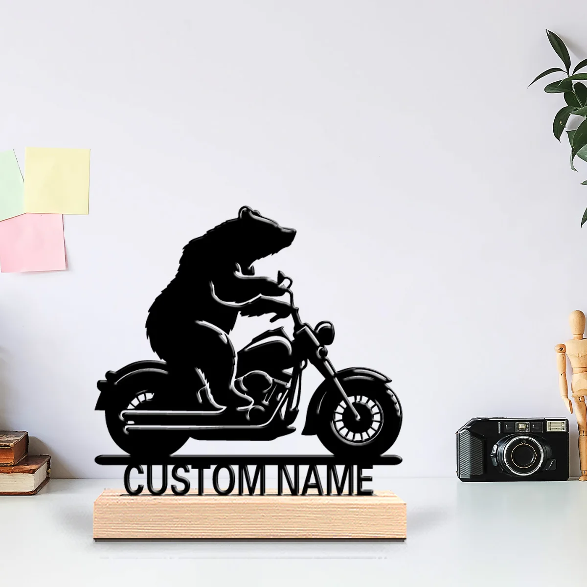 1pc Abstract Brown Bear Riding Customized Letter Metal Statue Iron Ornament With Wood Base Iron Ornament For Youth Gifts