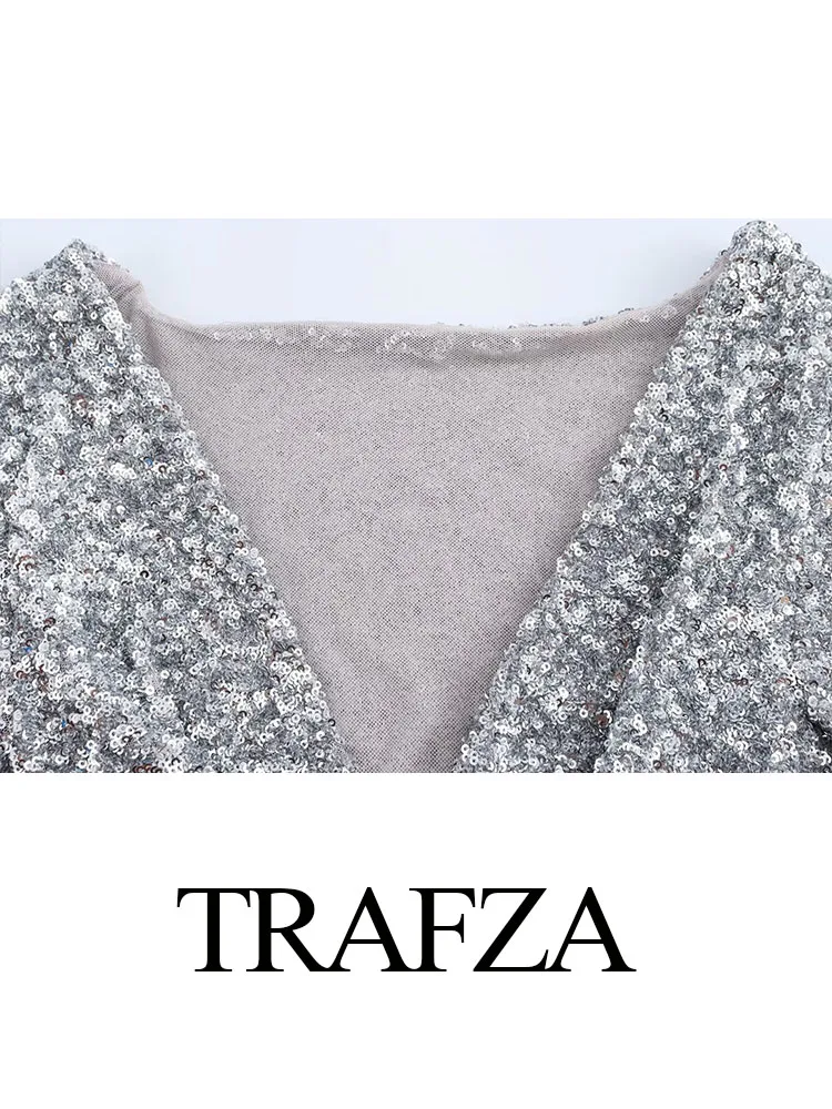 TRAFZA Donna New Fashion Increspato Manica Lunga Body Slim Party Tuta Donna Autunno Argento Paillettes Lucide Tuta Mujer