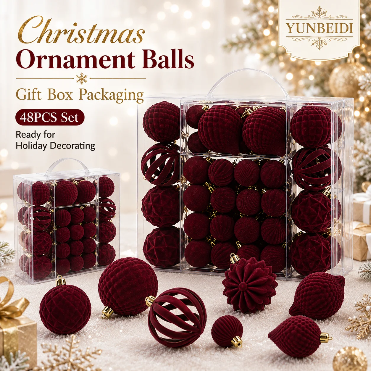 Velvet Christmas Ornament Balls Set 48PCS Plastic Flocked Baubles DIY Christmas Tree Decor Holiday Home Party Hanging Decor