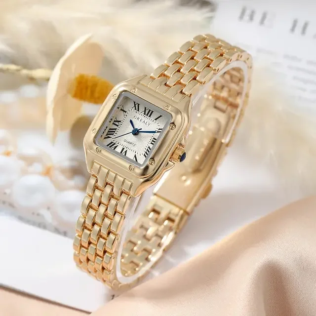 New Women\'s Fashion Square Watches Gold Alloy Strap Luxury Ladies Quartz Wristwatches Qualities Female Roman Scale Clock Gift