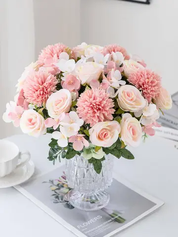 1 Bouquet Artificial Roses w/ Silk Balls: Wedding Home Decor & Holiday/Birthday Gift DIY